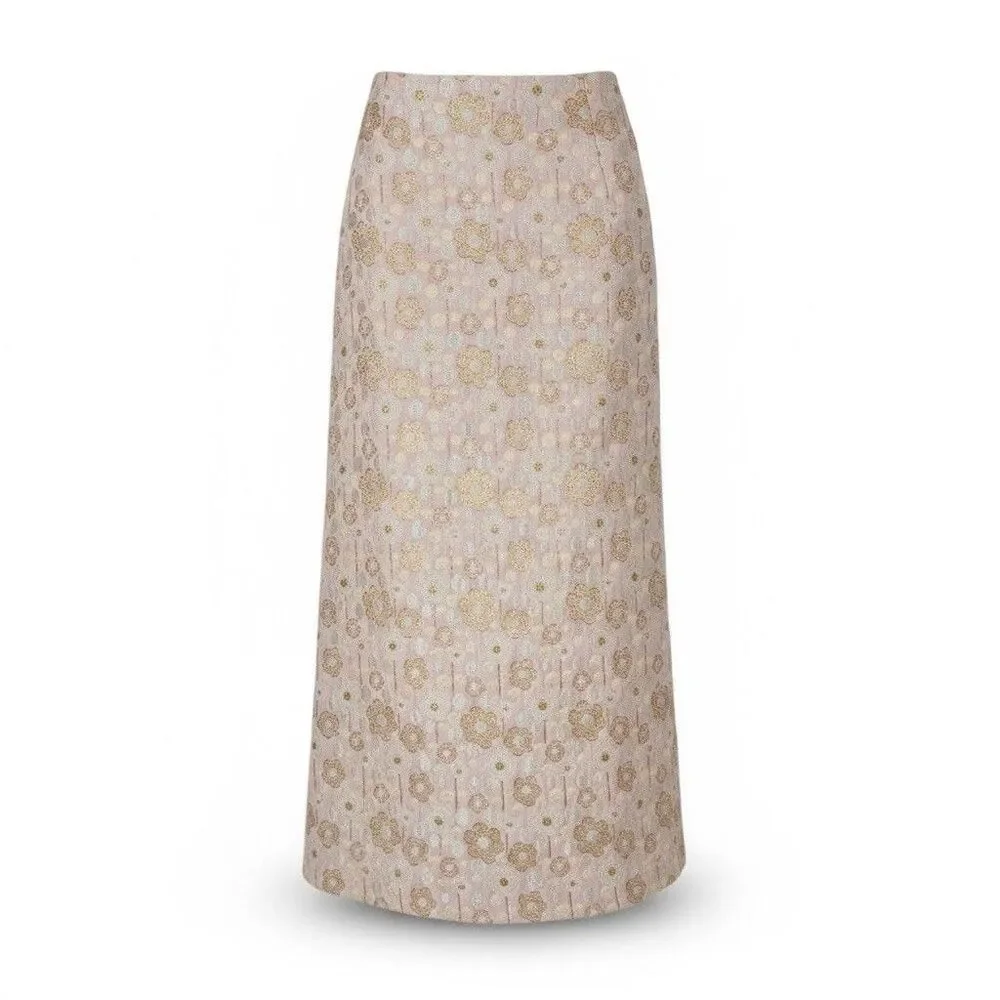 *Vintage 1970s Quilted Gold And Silver Flowers Embroidered Pink Maxi Skirt Small